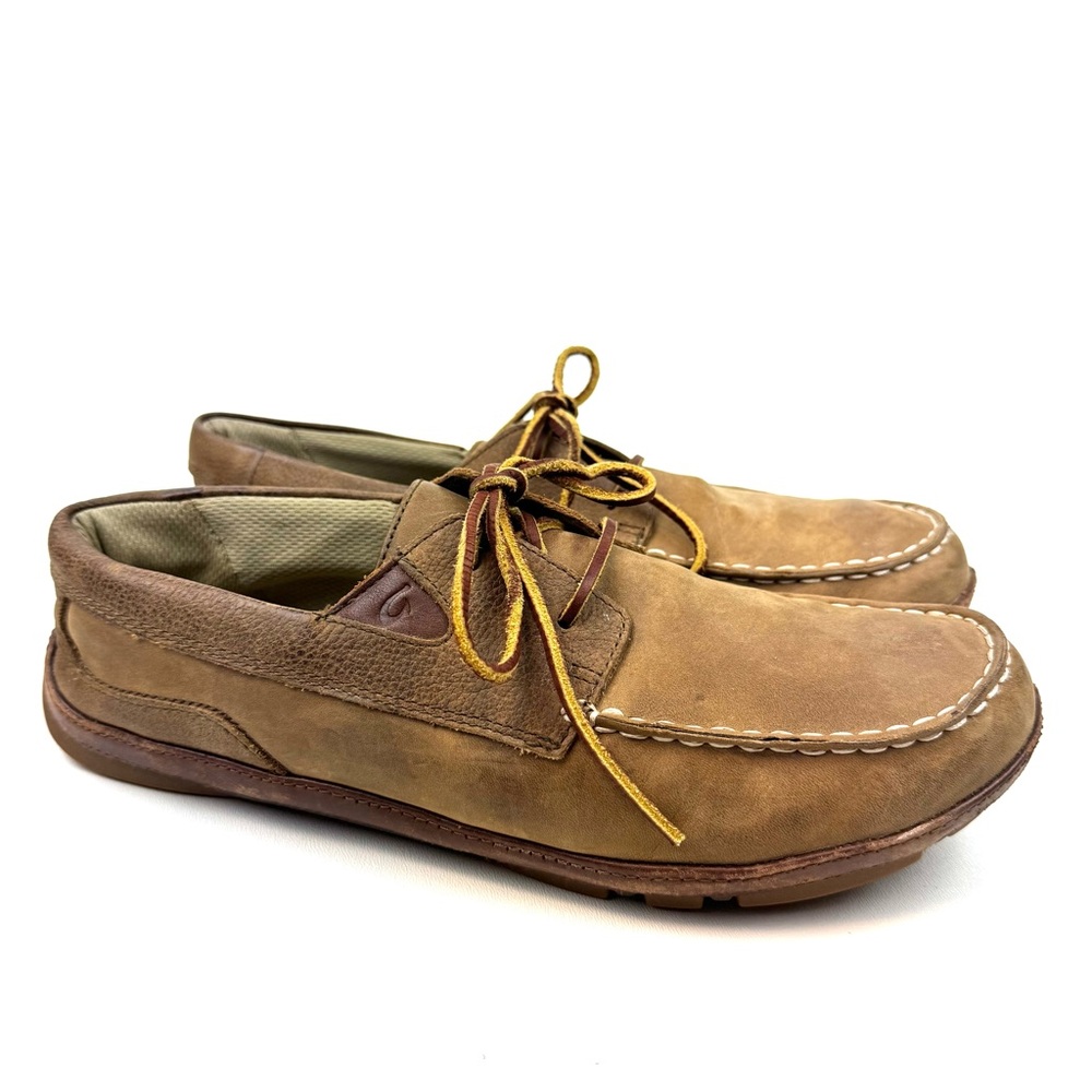 Olukai Mano shoes tan leather men’s slip on boat Oxford comfort size 9.5